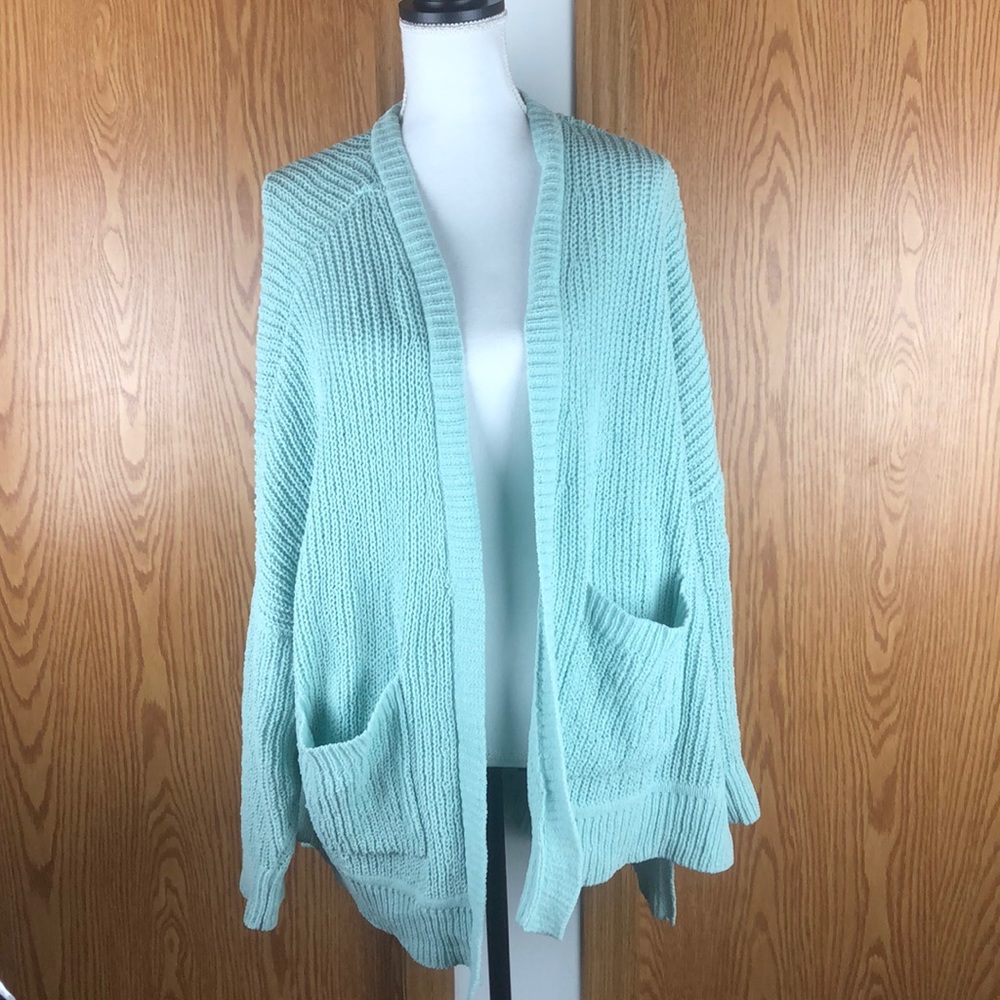 Long Sleeve Open Mint Green Chenille Oversized Cardigan Green